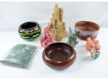 Sand Sculptures – 2 Mr. Sandman, Superstition Stoneware Pot, Wooden Pot, Bag Of Aquarium Rocks