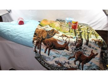 Miscellaneous Lot – 105 X 94 Bedspread, Looks New — New Dog Throw, 6 Foot X 4 Foot Deer Wall Hanging