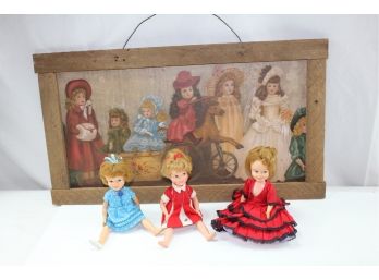 3 1963 Penny Brite Dolls And Doll Painting In Wood Frame 12 X 23