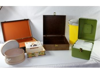 Lot Of 7 Miscellaneous Containers, Trash Can With Crack, Small Hat Box, Cigar Box, Old Briefcase, Pattern Box