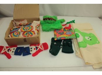 Oscar The Grouch Puppet, Children's Gloves, Care Bear Bag, Peashooters And Many Bags Of Peas