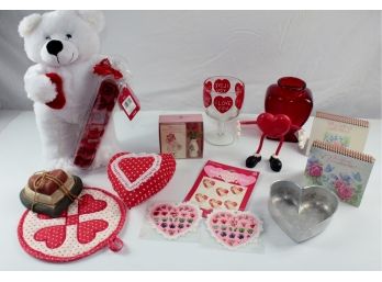 Valentine's Grouping — Teddy Bear With Soap, I Love You Glass Vase, Poseable Heart, Aluminum Heart Pan, Misc