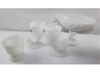 5 Milk Glass Type Dishes, One Is Avon, Large Vase