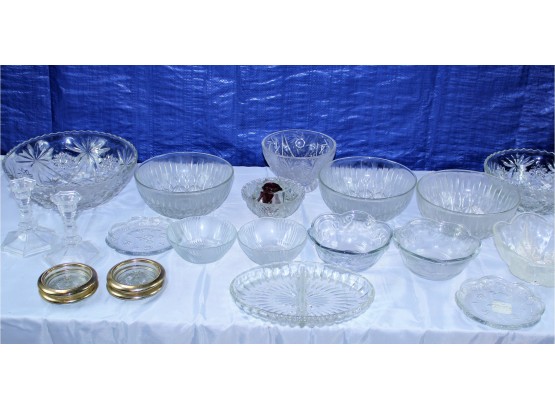 Assorted Glassware, Punch Bowl, Candle Holders
