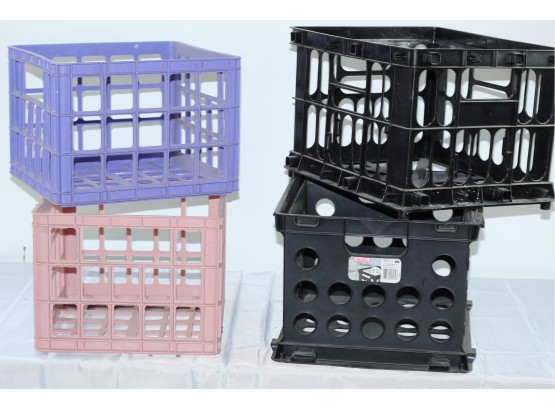 4 Plastic Crates, Two Black, Purple, Pink