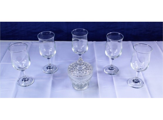 5 Small Wine Glasses & Clear Glass Sugar Bowl