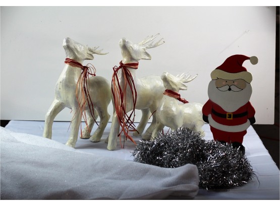 Set Of 3 Paper-mache Deer, Wooden Santa With Stand, Silver Garland