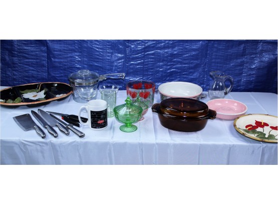 Misc. Glassware, Platters, Knives, Cookware