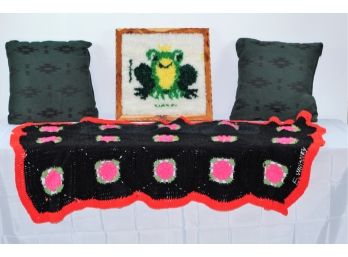 Two Green Pillows, Crochet Blanket, Latch Art