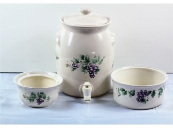 Ceramic Crock With Spout And 2 Bowls, Gravy Boat With Saucer- Grape Design On All Three