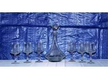 6 Toscany Crystal Ship Etched Glasses With Decanter, One Glass Has A Chip