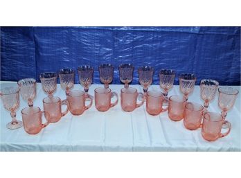 Pink Depression Coffee Mugs And Wine Glasses, 9 Mugs, 12 Wine Glasses