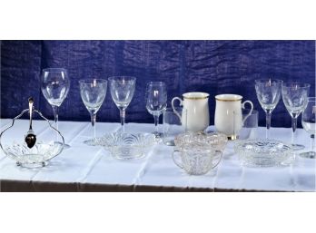 Three Small Wine Glasses, Two Water Glasses From The 40s, Relish Dishes