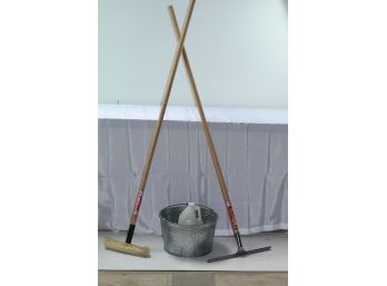 Galvanized Basket And Two Squeegees, Glass Cleaner, Paint Brushes