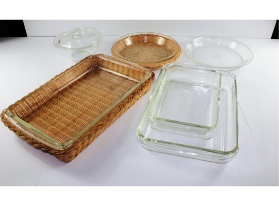 6 Pyrex Glassware- 2 With Warmer Baskets