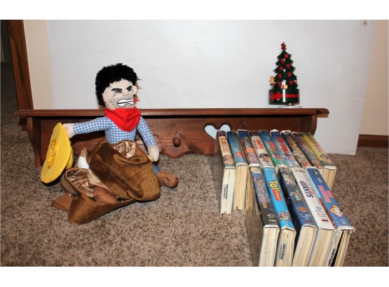Wooden Shelf, Music Box Christmas Tree, Cowboy Dog Costume, 14 Misc Children's VHS Tapes Including Disney
