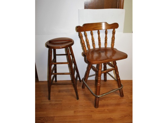 Two Wood Chairs 33 Inch High / Swivels - 1 Broken Rod
