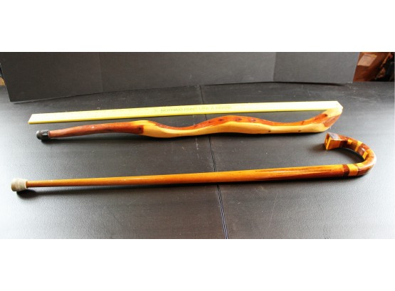 2 Wooden Canes- One With Beautiful Handle, With Different Types Of Wood