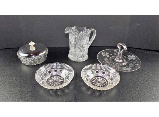 Small Crystal Pitcher, Serving Tray, Three Small Serving Dishes