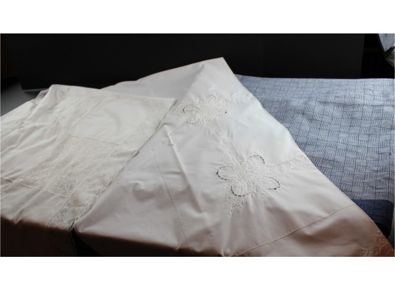 3 Tablecloths — Blue 48 X 92, 42 X 4 2,  Emb. Eyelet Flower/white- White Tablecloth 42 X 28