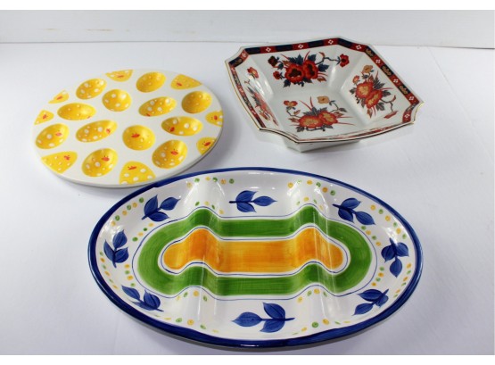 3 Serving Dishes, Ganz Deviled Egg Plate, Gibson Divided Tray, Oriental Looking Serving Dish