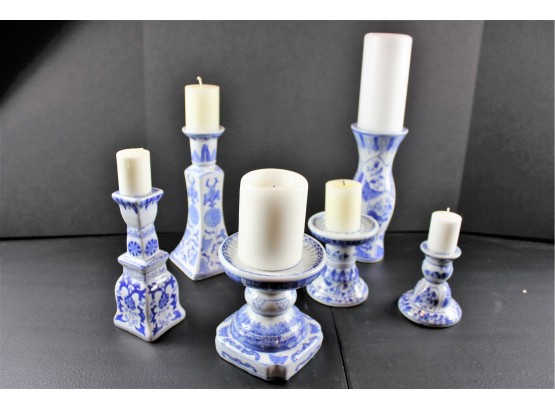 Lot Of 6 Blue And White Candlesticks, Assorted Sizes