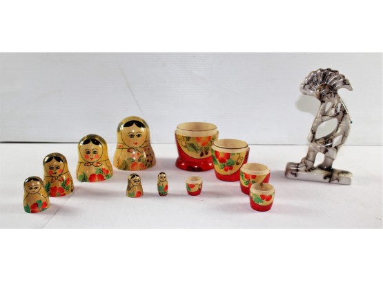 Russian Babushka Doll Set And Dancing Kokopelli Figurine (native Am Fertility & Trickster God)