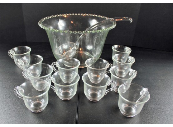 Vintage Candlewick Punch Bowl With 12 Cups And Glass Ladle