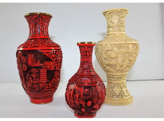 Set Of 3 Chinese Vases — 2 Red 1 Ivory , All Three Bottoms Are Different, 1 - 4.5 In Tall 2 - 7 In Tall