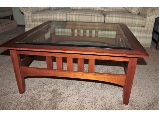 Ethan Allen American Impression Cherry Glass Top Coffee Table 38 X 38 X 17