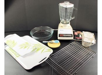 Osterizer Blender, Pyrex Deep Dish Pie , 2 Eureka Serving Trays, 2 Cooling Racks, Measuring Cup, Pretty Spoon