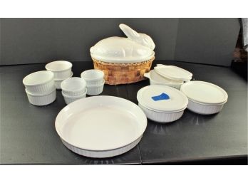 10 Various-size Corningware, White Rabbit In Basket, Ararbia And Dansk