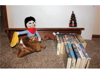 Wooden Shelf, Music Box Christmas Tree, Cowboy Dog Costume, 14 Misc Children's VHS Tapes Including Disney