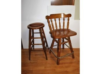 Two Wood Chairs 33 Inch High / Swivels - 1 Broken Rod