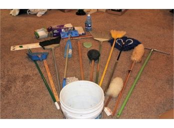 Bucket Of Household Cleaning Tools, Brooms, Dusters, Squeegees