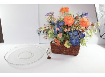 Large Candlewick Platter 17 In And Large Silk Flower Arrangement, Butterfly Egg