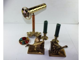 Lot Of Brass Decor- Duck Book Ends, Large Mounted Kaleidoscope With Additional Color Wheels