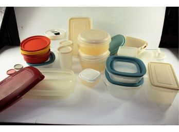 Large Lot Of Tupperware And Rubbermaid, Including Hamburger Maker And Serving Bowls And Lids And Misc
