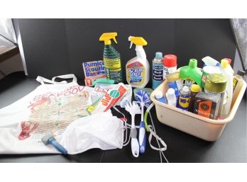 Tub Of Cleaning Supplies, Apron, Scrubbles