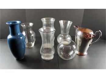 Vintage Silver On Copper #105   8in Tall Pitcher By Academy Company And Miscellaneous Glass Vases