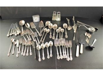 Set Of Silver Plated Flatware, Miscellaneous Serving Pieces, Salt And Pepper Shakers,  Clock