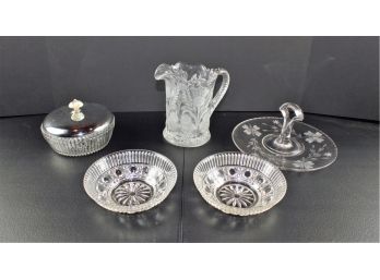 Small Crystal Pitcher, Serving Tray, Three Small Serving Dishes