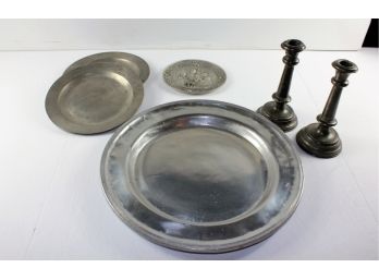 2 Echt Britania Pewter Candle Holders, Sm Pewter Christmas Plate, Lg Pewter Platter, 2 Smaller Pewter Plates