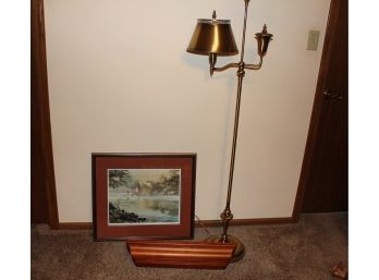 Framed Picture, Wood Wall Shelf, Brass Lamp
