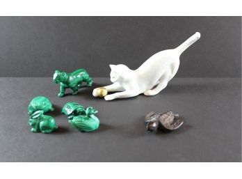 Misc Collectibles - White Cat With Ball 9 In From Paw To Tail, Wooden Turtle, 5 Green Animals Made In Zaire