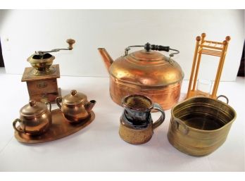 Copper Grouping – Coffee Grinder Teapot, Sugar And Creamer, Miscellaneous
