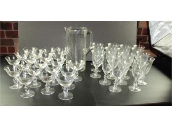 Set Of 17 Large Goblets, 20 Small Goblets, Glass Pitcher