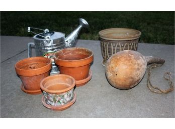 Decorative Pot, 3 Clay Pots, Gourd Birdhouse, Galvanized Water Can