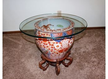 Asian / Japanese Fish Bowl With Wood Stand, 20 Inch High 14 Inch Wide