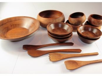 Set Of Wooden Bowls And Utensils